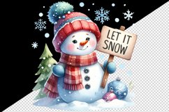 Watercolor cute snowman scarf hat holding sign Let it Snow quote print 20 oz tumbler skinny mug wrap clipart t-shirt sublimation printable design