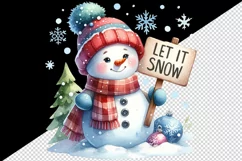 Watercolor cute snowman scarf hat holding sign Let it Snow quote print 20 oz tumbler skinny mug wrap clipart t-shirt sublimation printable design