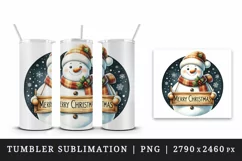Watercolor cute snowman scarf hat holding sign Merry Christmas quote print 20 oz tumbler skinny mug wrap clipart t-shirt sublimation printable design