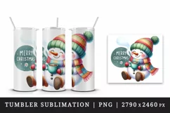 Watercolor cute snowman scarf hat hot cocoa Merry Christmas quote print 20 oz tumbler skinny mug wrap clipart t-shirt sublimation printable design
