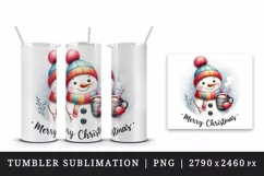 Watercolor cute snowman scarf hat hot cocoa Merry Christmas quote print 20 oz tumbler skinny mug wrap clipart t-shirt sublimation printable design