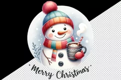 Watercolor cute snowman scarf hat hot cocoa Merry Christmas quote print 20 oz tumbler skinny mug wrap clipart t-shirt sublimation printable design
