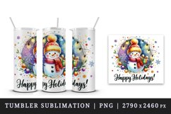 Watercolor cute snowman scarf hat lights Happy Holidays Christmas quote print tumbler skinny mug wrap clipart t-shirt sublimation printable design
