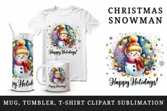 Watercolor cute snowman scarf hat lights Happy Holidays Christmas quote print tumbler skinny mug wrap clipart t-shirt sublimation printable design