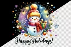 Watercolor cute snowman scarf hat lights Happy Holidays Christmas quote print tumbler skinny mug wrap clipart t-shirt sublimation printable design
