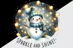 Watercolor cute snowman scarf hat lights Sparkle Shine Christmas quote print 20oz tumbler skinny mug wrap clipart t-shirt sublimation printable design