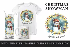 Watercolor cute snowman scarf hat lights Sparkle Shine Christmas quote print 20oz tumbler skinny mug wrap clipart t-shirt sublimation printable design