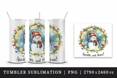 Watercolor cute snowman scarf hat lights Sparkle Shine Christmas quote print 20oz tumbler skinny mug wrap clipart t-shirt sublimation printable design