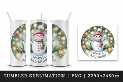 Watercolor cute snowman scarf hat lights Sparkle Shine Christmas quote print 20oz tumbler skinny mug wrap clipart t-shirt sublimation printable design