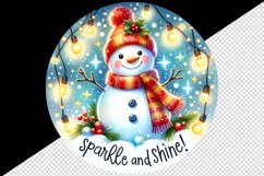 Watercolor cute snowman scarf hat lights Sparkle Shine Christmas quote print 20oz tumbler skinny mug wrap clipart t-shirt sublimation printable design