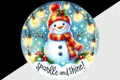 Watercolor cute snowman scarf hat lights Sparkle Shine Christmas quote print 20oz tumbler skinny mug wrap clipart t-shirt sublimation printable design