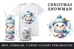 Watercolor cute snowman scarf hat present gift snowflakes Christmas print 20 oz tumbler skinny mug wrap clipart t-shirt sublimation printable design