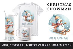 Watercolor cute snowman scarf hat sledding Merry Christmas quote print 20 oz tumbler skinny mug wrap clipart t-shirt sublimation printable design