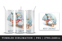 Watercolor cute snowman scarf hat sledding Merry Christmas quote print 20 oz tumbler skinny mug wrap clipart t-shirt sublimation printable design