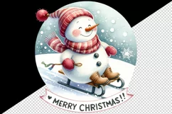Watercolor cute snowman scarf hat sledding Merry Christmas quote print 20 oz tumbler skinny mug wrap clipart t-shirt sublimation printable design