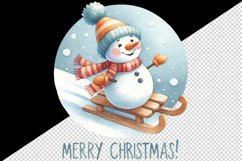 Watercolor cute snowman scarf hat sledding Merry Christmas quote print 20 oz tumbler skinny mug wrap clipart t-shirt sublimation printable design