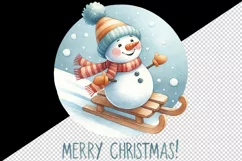 Watercolor cute snowman scarf hat sledding Merry Christmas quote print 20 oz tumbler skinny mug wrap clipart t-shirt sublimation printable design