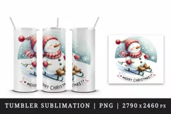 Watercolor cute snowman scarf hat sledding Merry Christmas quote print 20 oz tumbler skinny mug wrap clipart t-shirt sublimation printable design