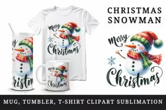 Watercolor cute snowman scarf hat snowflake Merry Christmas quote print 20 oz tumbler skinny mug wrap clipart t-shirt sublimation printable design