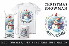 Watercolor cute snowman scarf hat snowflakes Merry Christmas quote print 20 oz tumbler skinny mug wrap clipart t-shirt sublimation printable design