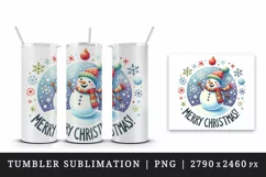 Watercolor cute snowman scarf hat snowflakes Merry Christmas quote print 20 oz tumbler skinny mug wrap clipart t-shirt sublimation printable design