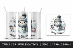 Watercolor cute snowman scarf hat snowflakes Merry Christmas quote print 20 oz tumbler skinny mug wrap clipart t-shirt sublimation printable design