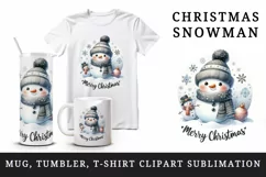 Watercolor cute snowman scarf hat snowflakes Merry Christmas quote print 20 oz tumbler skinny mug wrap clipart t-shirt sublimation printable design
