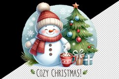 Watercolor cute snowman scarf hat tree hot cocoa Cozy Christmas quote print 20 oz tumbler skinny mug wrap clipart t-shirt sublimation printable design