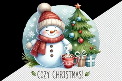 Watercolor cute snowman scarf hat tree hot cocoa Cozy Christmas quote print 20 oz tumbler skinny mug wrap clipart t-shirt sublimation printable design