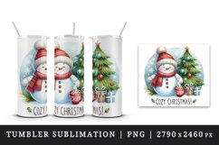 Watercolor cute snowman scarf hat tree hot cocoa Cozy Christmas quote print 20 oz tumbler skinny mug wrap clipart t-shirt sublimation printable design