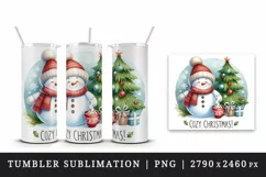 Watercolor cute snowman scarf hat tree hot cocoa Cozy Christmas quote print 20 oz tumbler skinny mug wrap clipart t-shirt sublimation printable design