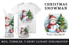 Watercolor cute snowman scarf hat tree hot cocoa Cozy Christmas quote print 20 oz tumbler skinny mug wrap clipart t-shirt sublimation printable design