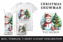 Watercolor cute snowman scarf hat tree hot cocoa Cozy Christmas quote print 20 oz tumbler skinny mug wrap clipart t-shirt sublimation printable design