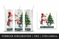 Watercolor cute snowman scarf hat tree hot cocoa Cozy Christmas quote print 20 oz tumbler skinny mug wrap clipart t-shirt sublimation printable design