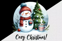 Watercolor cute snowman scarf hat tree hot cocoa Cozy Christmas quote print 20 oz tumbler skinny mug wrap clipart t-shirt sublimation printable design