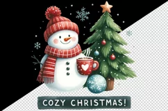 Watercolor cute snowman scarf hat tree hot cocoa Cozy Christmas quote print 20 oz tumbler skinny mug wrap clipart t-shirt sublimation printable design