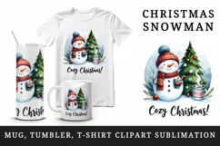 Watercolor cute snowman scarf hat tree hot cocoa Cozy Christmas quote print 20 oz tumbler skinny mug wrap clipart t-shirt sublimation printable design