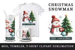 Watercolor cute snowman scarf hat tree hot cocoa Cozy Christmas quote print 20 oz tumbler skinny mug wrap clipart t-shirt sublimation printable design