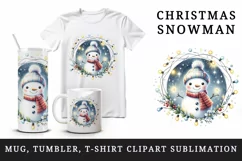 Watercolor cute snowman scarf hat twinkling Christmas lights print 20 oz tumbler skinny mug wrap clipart t-shirt sublimation printable design