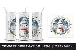 Watercolor cute snowman scarf hat twinkling Christmas lights print 20 oz tumbler skinny mug wrap clipart t-shirt sublimation printable design