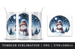 Watercolor cute snowman scarf hat winter forest snowflakes night moon print 20 oz tumbler skinny mug wrap clipart t-shirt sublimation printable design