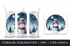 Watercolor cute snowman scarf hat winter forest snowflakes night moon print 20 oz tumbler skinny mug wrap clipart t-shirt sublimation printable design