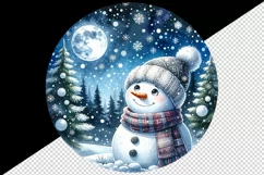 Watercolor cute snowman scarf hat winter forest snowflakes night moon print 20 oz tumbler skinny mug wrap clipart t-shirt sublimation printable design