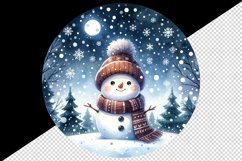 Watercolor cute snowman scarf hat winter forest snowflakes night moon print 20 oz tumbler skinny mug wrap clipart t-shirt sublimation printable design