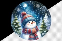 Watercolor cute snowman scarf hat winter forest snowflakes night moon print 20 oz tumbler skinny mug wrap clipart t-shirt sublimation printable design