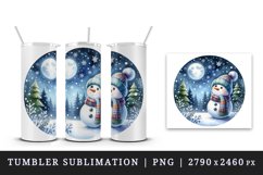 Watercolor cute snowman scarf hat winter forest snowflakes night moon print 20 oz tumbler skinny mug wrap clipart t-shirt sublimation printable design