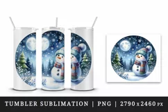 Watercolor cute snowman scarf hat winter forest snowflakes night moon print 20 oz tumbler skinny mug wrap clipart t-shirt sublimation printable design
