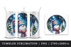 Watercolor cute snowman scarf hat winter forest snowflakes night moon print 20 oz tumbler skinny mug wrap clipart t-shirt sublimation printable design