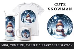 Watercolor cute snowman scarf hat winter forest snowflakes night moon print 20 oz tumbler skinny mug wrap clipart t-shirt sublimation printable design
