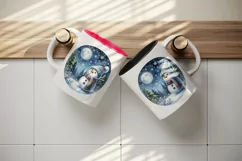 Watercolor cute snowman scarf hat winter forest snowflakes night moon print 20 oz tumbler skinny mug wrap clipart t-shirt sublimation printable design